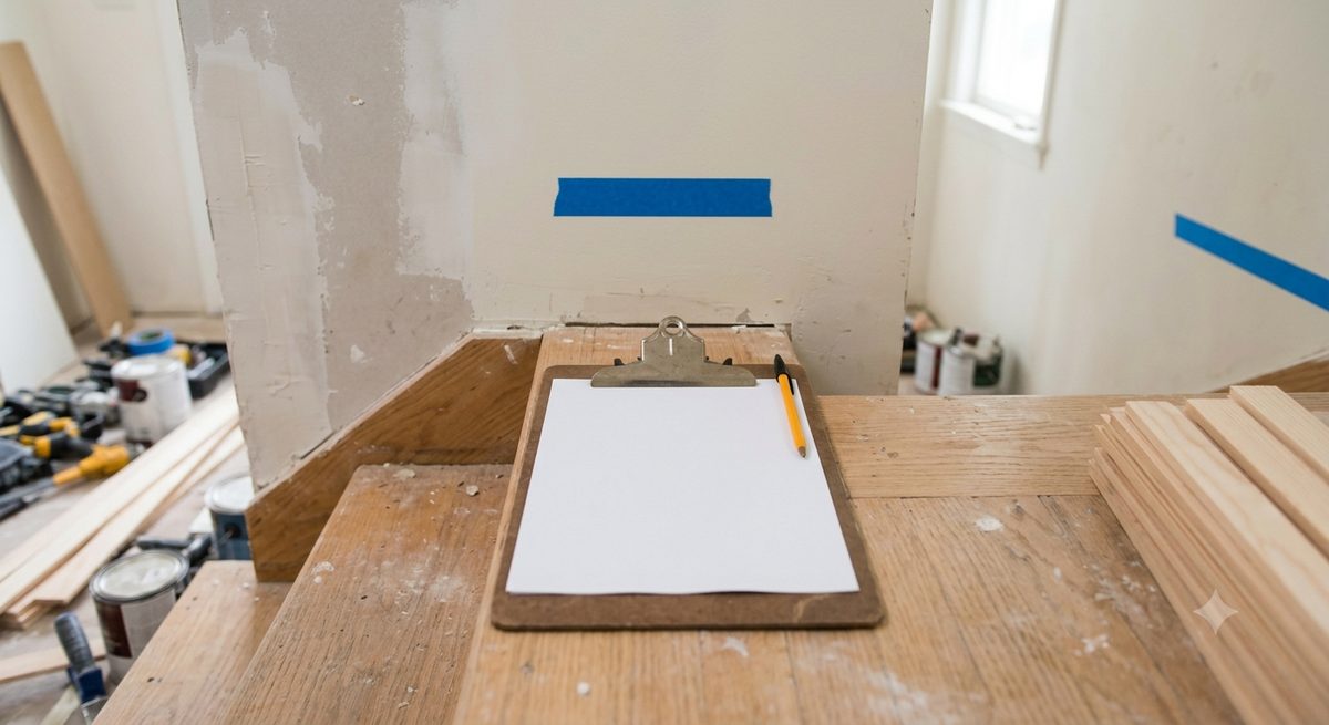 A clipboard with a blank sheet and a pencil resting on unfinished stair treads, surrounded by trim stock, paint cans and tools mid-job